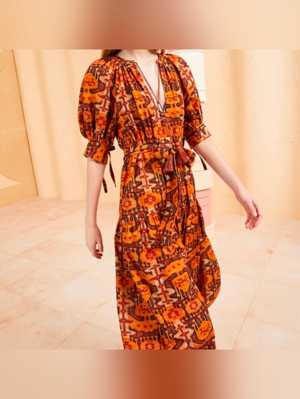 Ulla Johnson Orange Multi Ikat Maxi Dress with Tie Waist